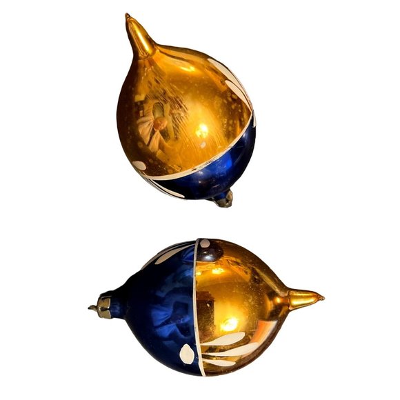 Lot of 2 Vtg Made in Poland Ornaments Mercury Glass Blue Gold White Xmas - Picture 3 of 4